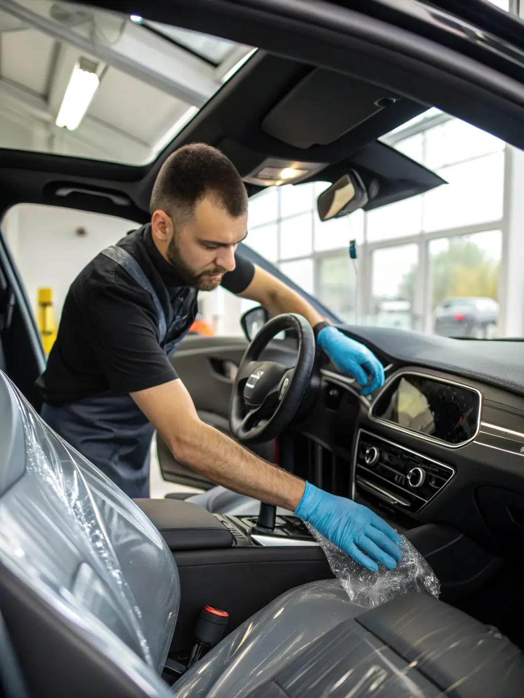 A picture of a car's interior being treated with a protective product, highlighting the application process and the materials used. The image should convey the idea of long-term protection and care.