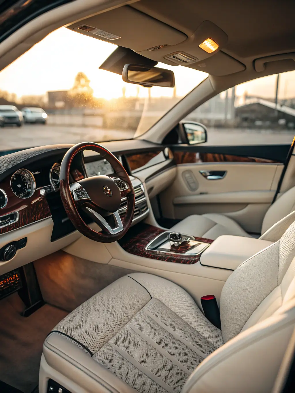 An image showcasing the interior of a car after a full detailing service, with clean seats, dashboard, and carpets. The photo should emphasize the attention to detail and the fresh, revitalized interior.