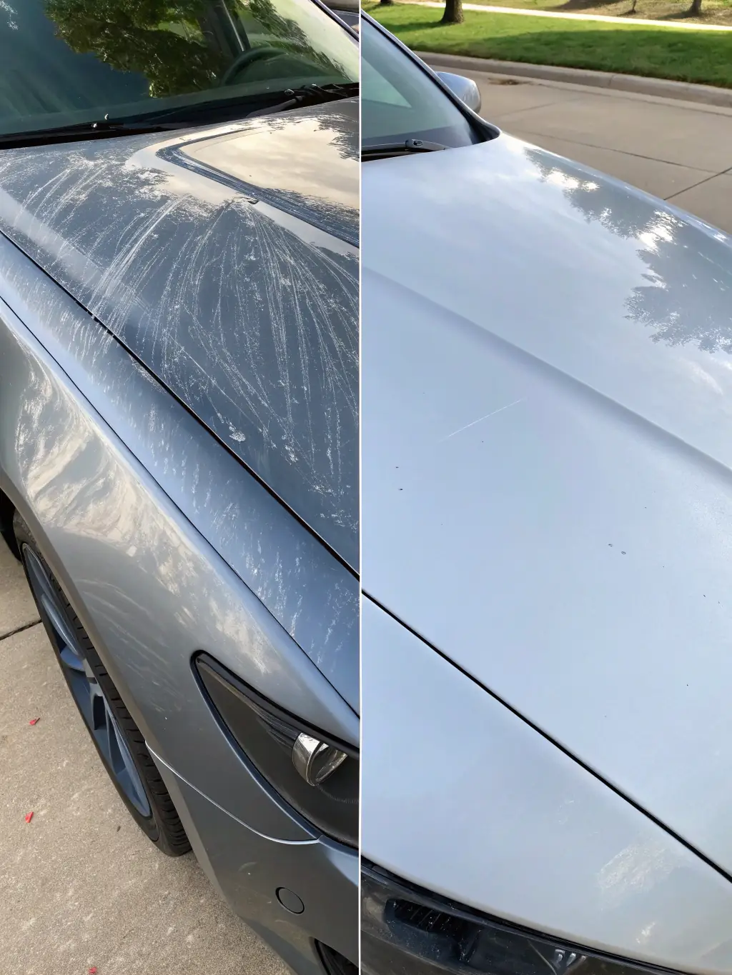 A before-and-after image demonstrating the effectiveness of a cut and polish service on a car's paintwork. The 'before' side should show swirl marks and imperfections, while the 'after' side displays a smooth, glossy finish.
