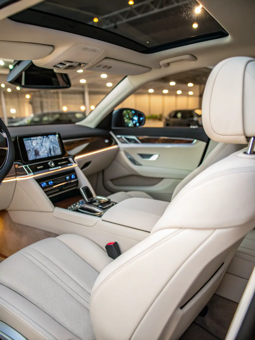 An interior shot of a car after a full interior detailing service, highlighting clean seats, dashboard, and carpets. The image conveys a sense of freshness and meticulous attention to detail.